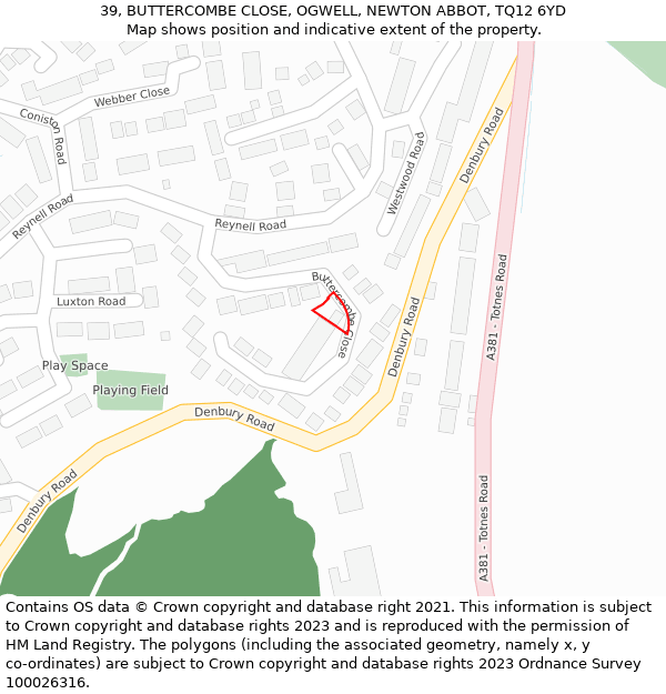 39, BUTTERCOMBE CLOSE, OGWELL, NEWTON ABBOT, TQ12 6YD: Location map and indicative extent of plot