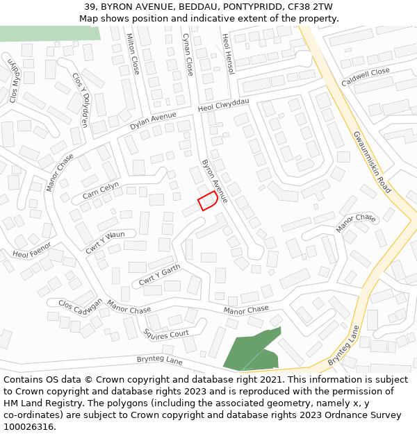 39, BYRON AVENUE, BEDDAU, PONTYPRIDD, CF38 2TW: Location map and indicative extent of plot