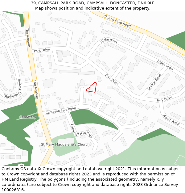 39, CAMPSALL PARK ROAD, CAMPSALL, DONCASTER, DN6 9LF: Location map and indicative extent of plot