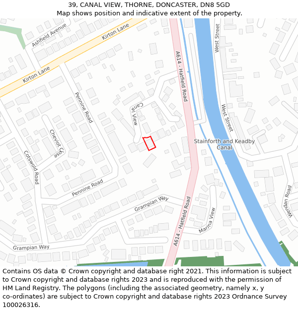 39, CANAL VIEW, THORNE, DONCASTER, DN8 5GD: Location map and indicative extent of plot