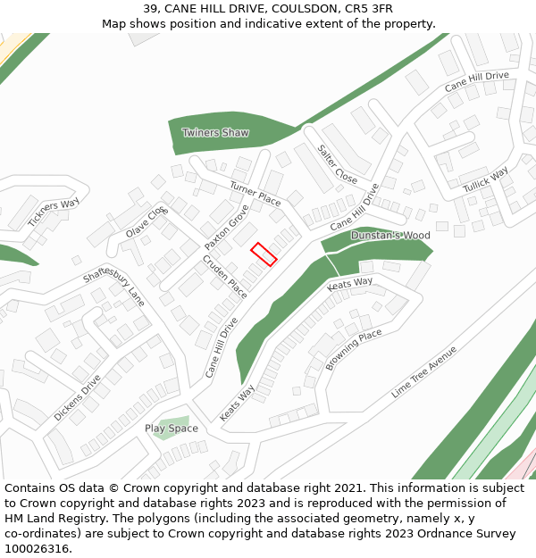 39, CANE HILL DRIVE, COULSDON, CR5 3FR: Location map and indicative extent of plot