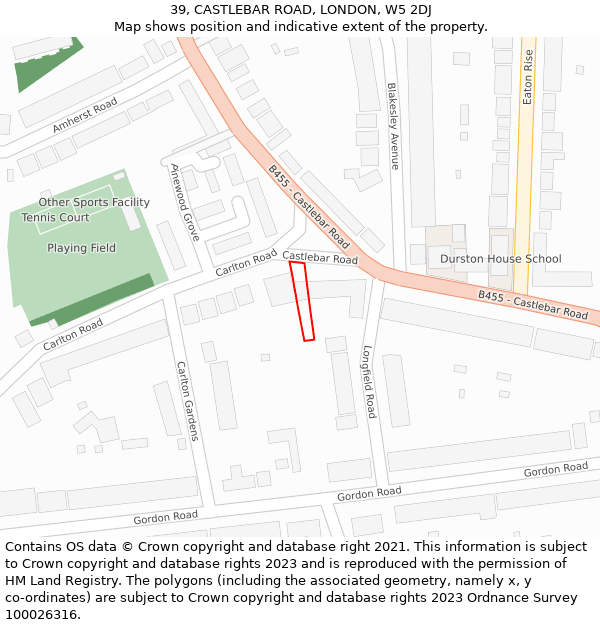 39, CASTLEBAR ROAD, LONDON, W5 2DJ: Location map and indicative extent of plot