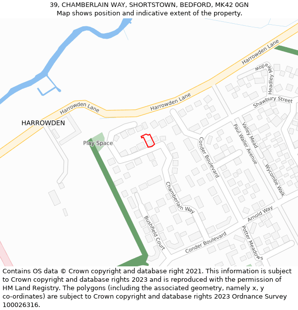 39, CHAMBERLAIN WAY, SHORTSTOWN, BEDFORD, MK42 0GN: Location map and indicative extent of plot