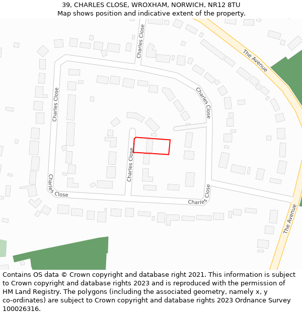 39, CHARLES CLOSE, WROXHAM, NORWICH, NR12 8TU: Location map and indicative extent of plot