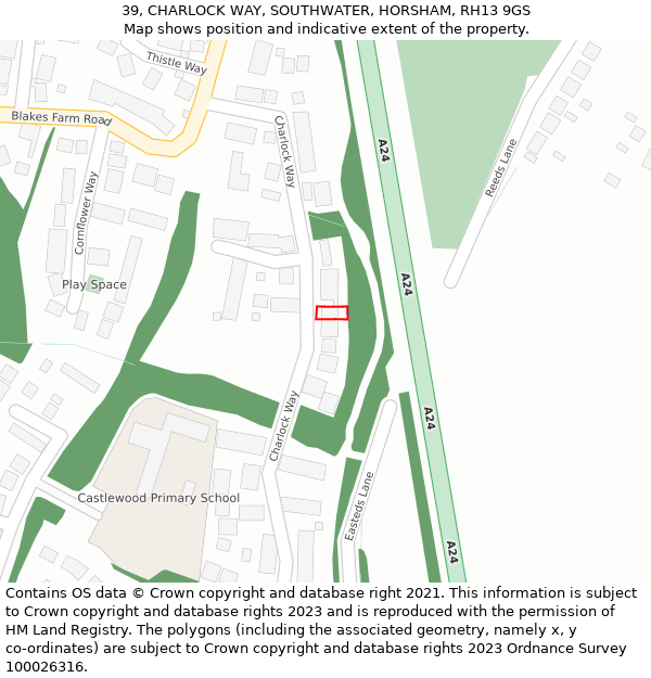 39, CHARLOCK WAY, SOUTHWATER, HORSHAM, RH13 9GS: Location map and indicative extent of plot