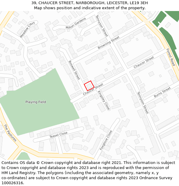 39, CHAUCER STREET, NARBOROUGH, LEICESTER, LE19 3EH: Location map and indicative extent of plot