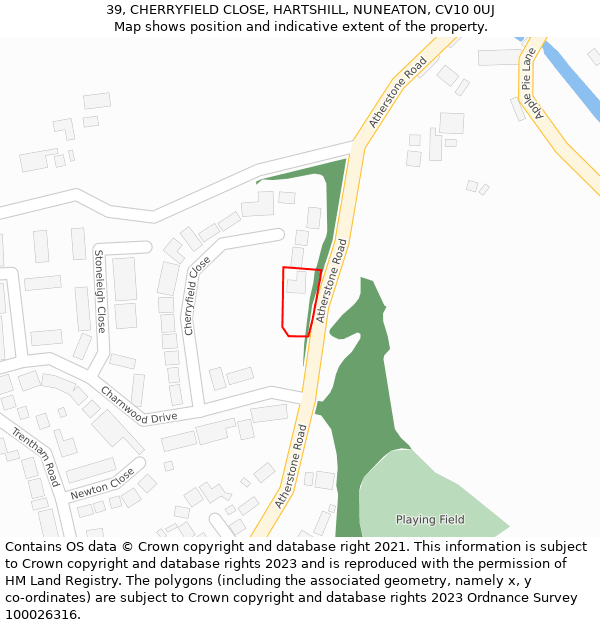 39, CHERRYFIELD CLOSE, HARTSHILL, NUNEATON, CV10 0UJ: Location map and indicative extent of plot