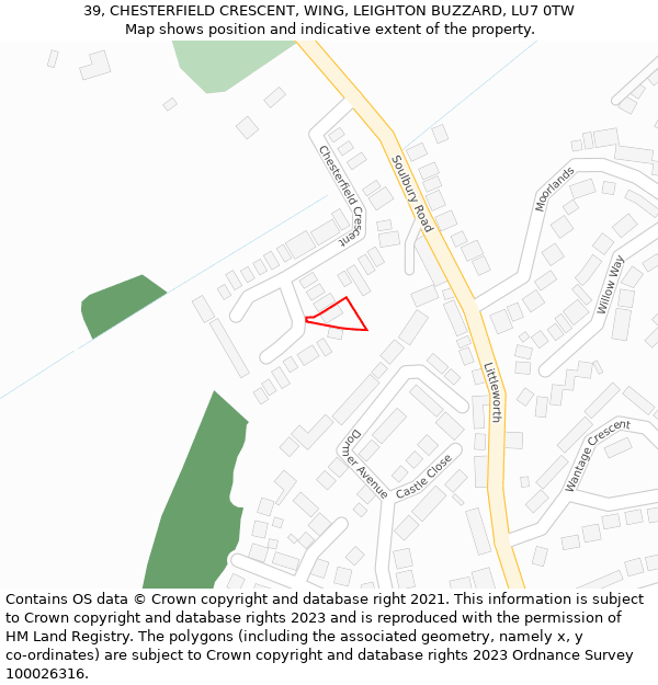 39, CHESTERFIELD CRESCENT, WING, LEIGHTON BUZZARD, LU7 0TW: Location map and indicative extent of plot