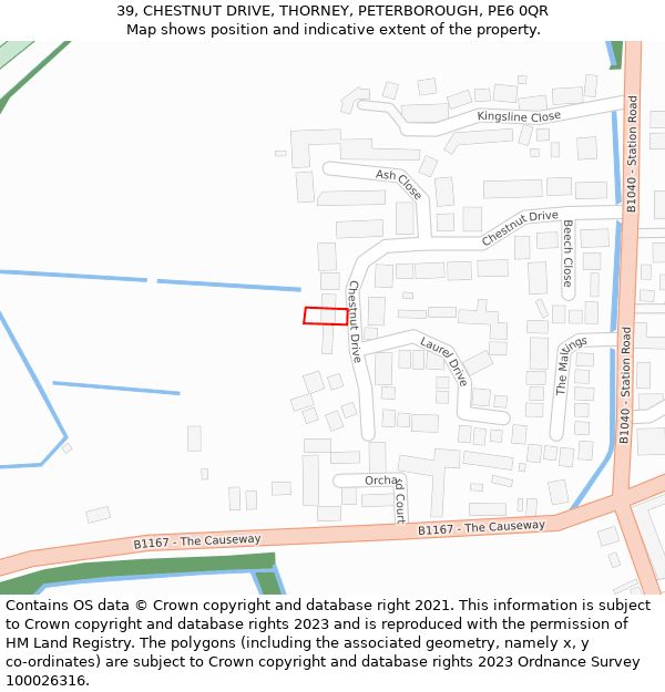 39, CHESTNUT DRIVE, THORNEY, PETERBOROUGH, PE6 0QR: Location map and indicative extent of plot