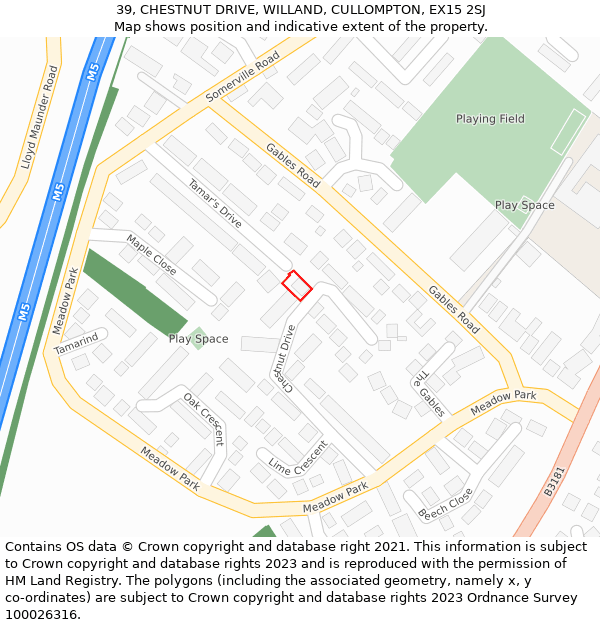 39, CHESTNUT DRIVE, WILLAND, CULLOMPTON, EX15 2SJ: Location map and indicative extent of plot