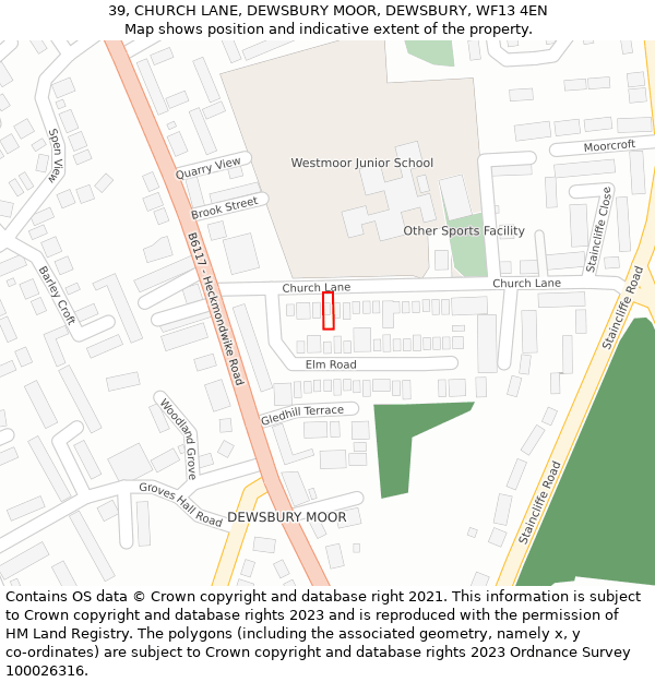 39, CHURCH LANE, DEWSBURY MOOR, DEWSBURY, WF13 4EN: Location map and indicative extent of plot