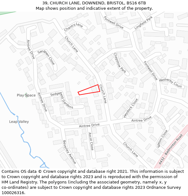 39, CHURCH LANE, DOWNEND, BRISTOL, BS16 6TB: Location map and indicative extent of plot