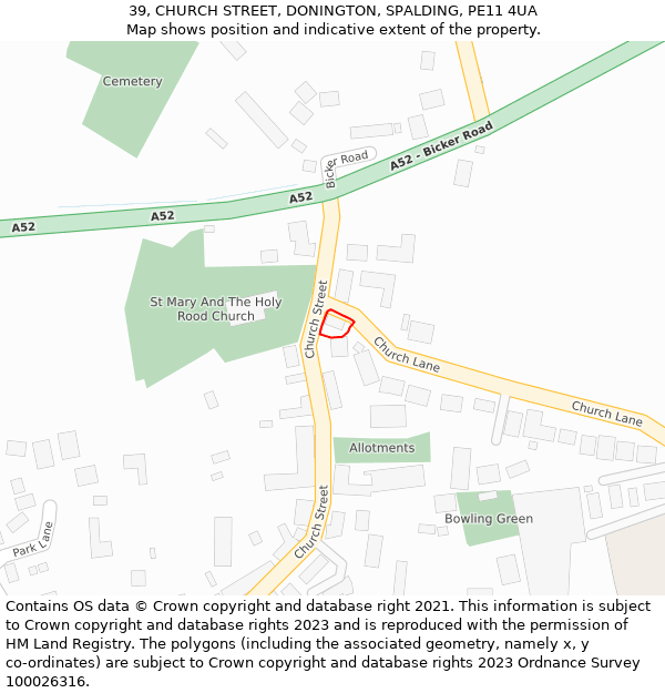 39, CHURCH STREET, DONINGTON, SPALDING, PE11 4UA: Location map and indicative extent of plot