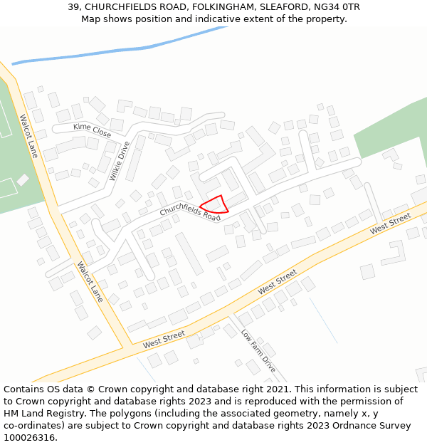 39, CHURCHFIELDS ROAD, FOLKINGHAM, SLEAFORD, NG34 0TR: Location map and indicative extent of plot