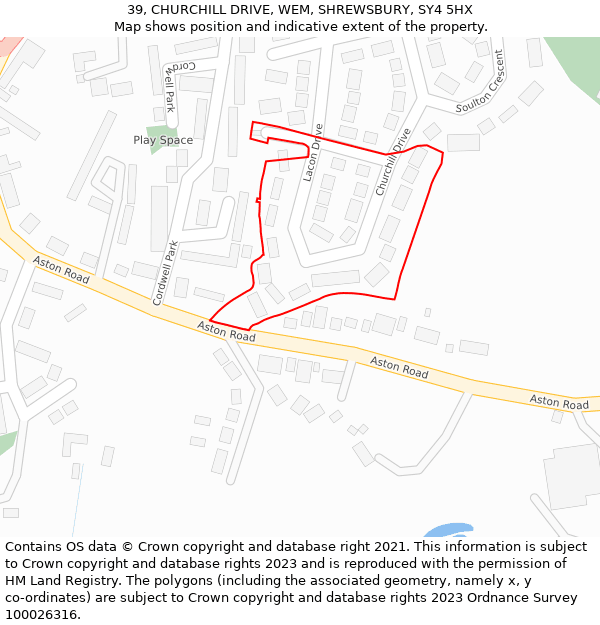 39, CHURCHILL DRIVE, WEM, SHREWSBURY, SY4 5HX: Location map and indicative extent of plot