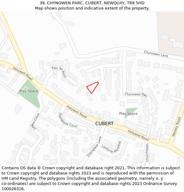 39, CHYNOWEN PARC, CUBERT, NEWQUAY, TR8 5HD: Location map and indicative extent of plot