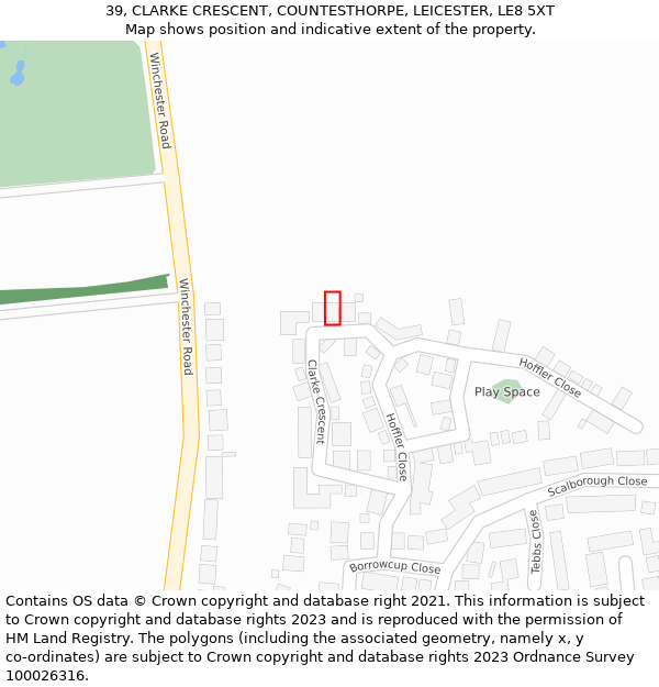 39, CLARKE CRESCENT, COUNTESTHORPE, LEICESTER, LE8 5XT: Location map and indicative extent of plot