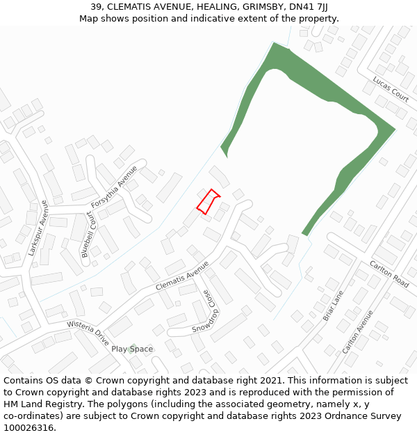 39, CLEMATIS AVENUE, HEALING, GRIMSBY, DN41 7JJ: Location map and indicative extent of plot