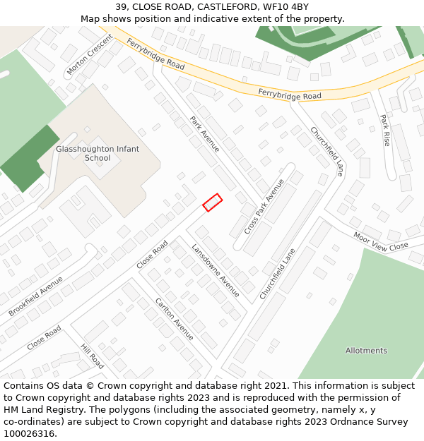 39, CLOSE ROAD, CASTLEFORD, WF10 4BY: Location map and indicative extent of plot