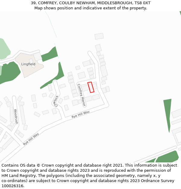 39, COMFREY, COULBY NEWHAM, MIDDLESBROUGH, TS8 0XT: Location map and indicative extent of plot
