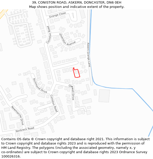 39, CONISTON ROAD, ASKERN, DONCASTER, DN6 0EH: Location map and indicative extent of plot