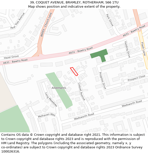 39, COQUET AVENUE, BRAMLEY, ROTHERHAM, S66 1TU: Location map and indicative extent of plot