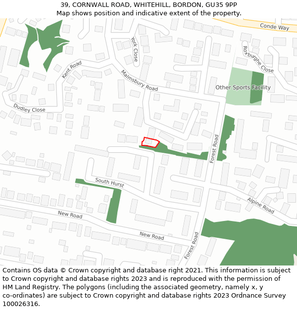 39, CORNWALL ROAD, WHITEHILL, BORDON, GU35 9PP: Location map and indicative extent of plot