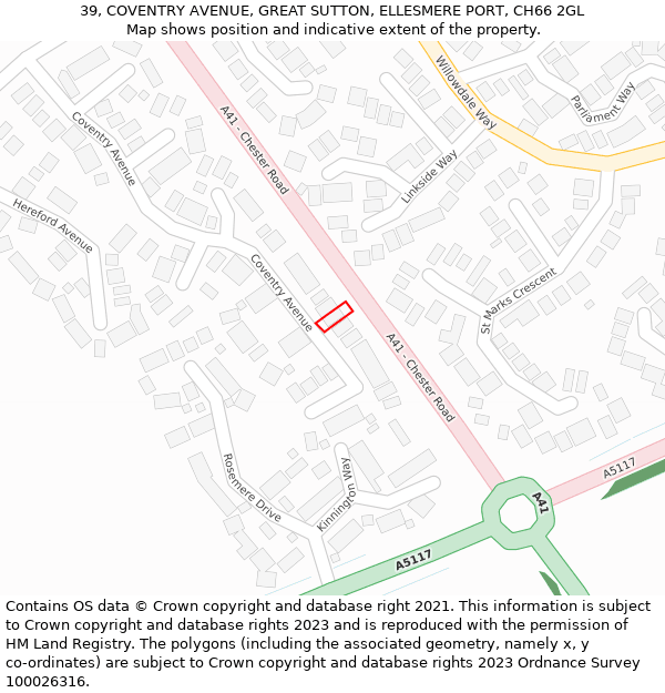 39, COVENTRY AVENUE, GREAT SUTTON, ELLESMERE PORT, CH66 2GL: Location map and indicative extent of plot