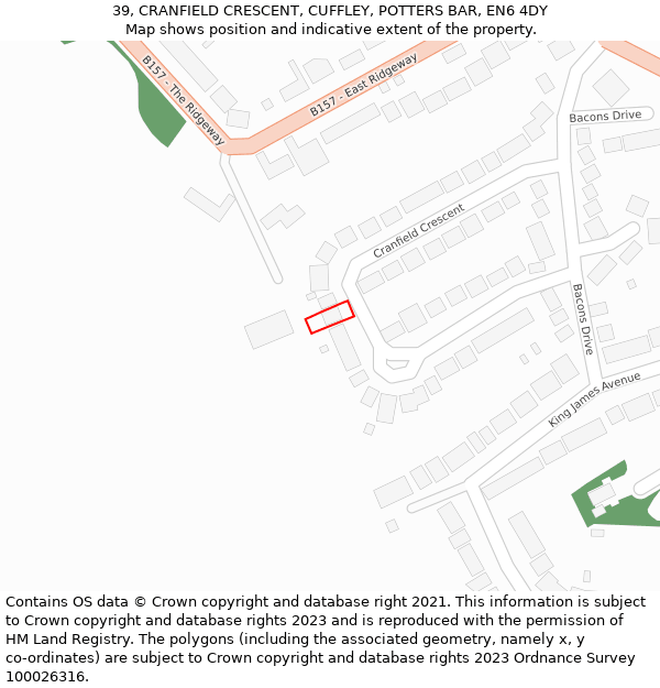 39, CRANFIELD CRESCENT, CUFFLEY, POTTERS BAR, EN6 4DY: Location map and indicative extent of plot