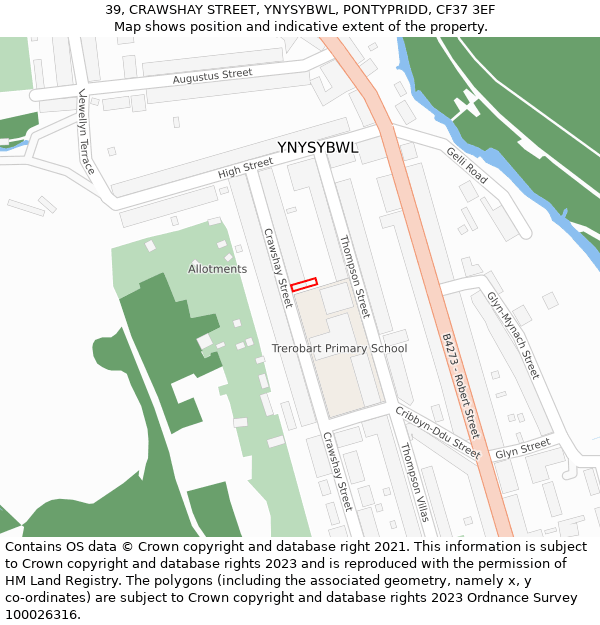 39, CRAWSHAY STREET, YNYSYBWL, PONTYPRIDD, CF37 3EF: Location map and indicative extent of plot