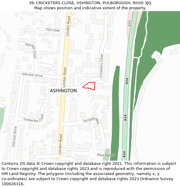 39, CRICKETERS CLOSE, ASHINGTON, PULBOROUGH, RH20 3JQ: Location map and indicative extent of plot