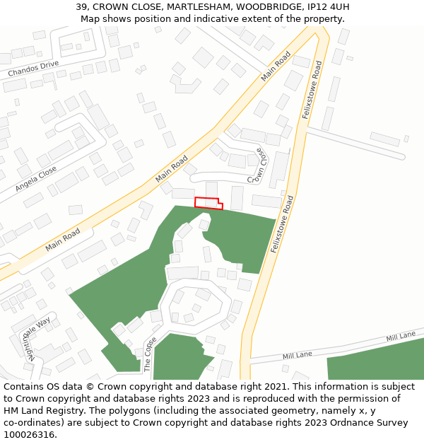 39, CROWN CLOSE, MARTLESHAM, WOODBRIDGE, IP12 4UH: Location map and indicative extent of plot