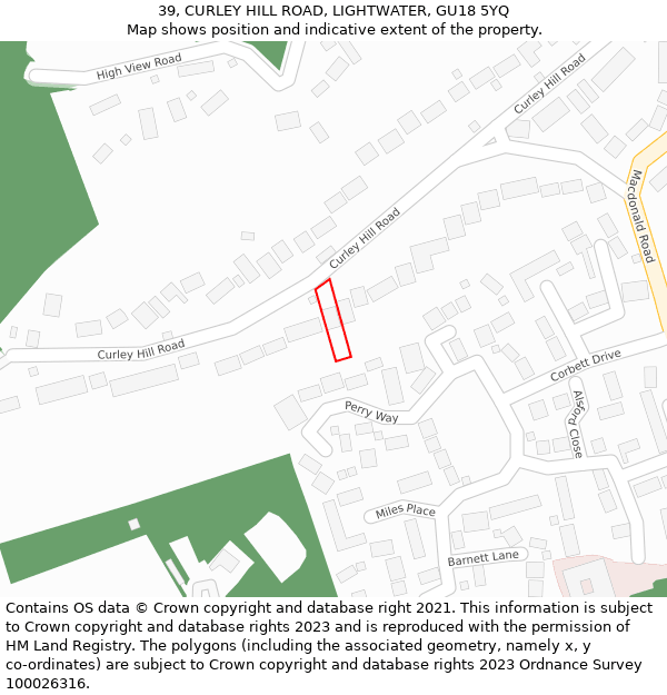 39, CURLEY HILL ROAD, LIGHTWATER, GU18 5YQ: Location map and indicative extent of plot