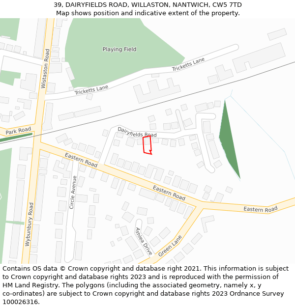 39, DAIRYFIELDS ROAD, WILLASTON, NANTWICH, CW5 7TD: Location map and indicative extent of plot