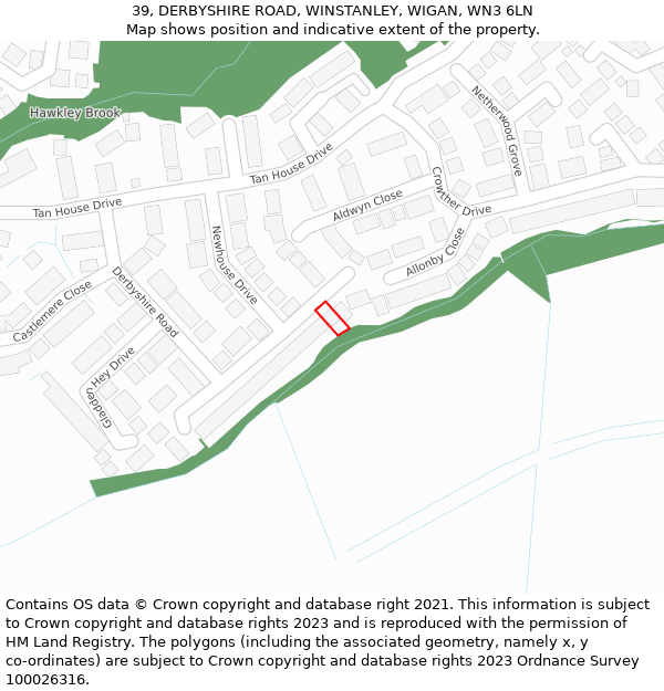 39, DERBYSHIRE ROAD, WINSTANLEY, WIGAN, WN3 6LN: Location map and indicative extent of plot