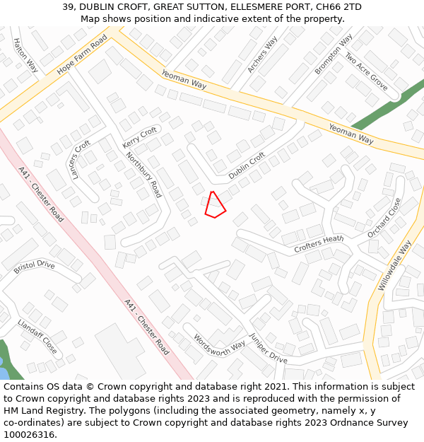 39, DUBLIN CROFT, GREAT SUTTON, ELLESMERE PORT, CH66 2TD: Location map and indicative extent of plot