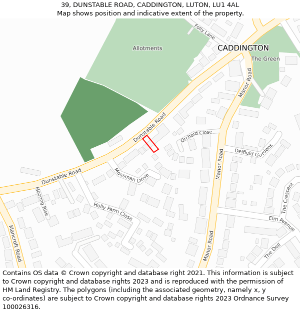 39, DUNSTABLE ROAD, CADDINGTON, LUTON, LU1 4AL: Location map and indicative extent of plot