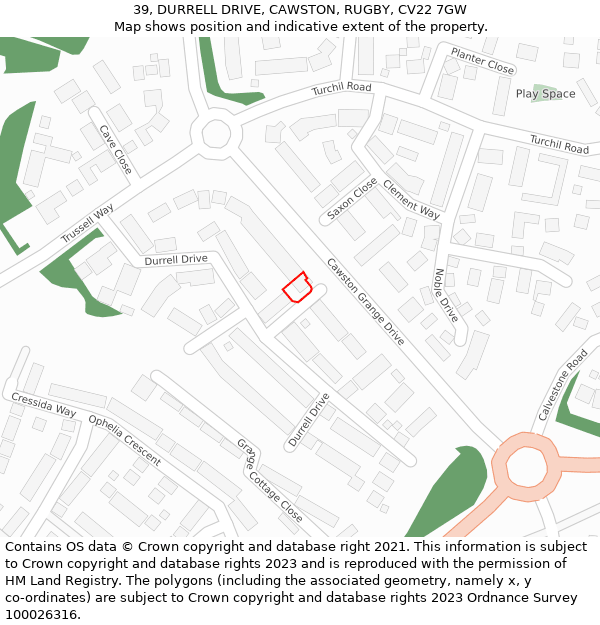 39, DURRELL DRIVE, CAWSTON, RUGBY, CV22 7GW: Location map and indicative extent of plot