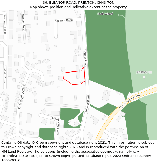 39, ELEANOR ROAD, PRENTON, CH43 7QN: Location map and indicative extent of plot