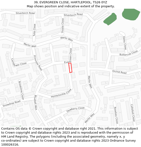 39, EVERGREEN CLOSE, HARTLEPOOL, TS26 0YZ: Location map and indicative extent of plot