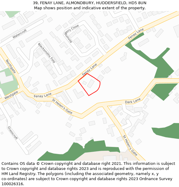 39, FENAY LANE, ALMONDBURY, HUDDERSFIELD, HD5 8UN: Location map and indicative extent of plot