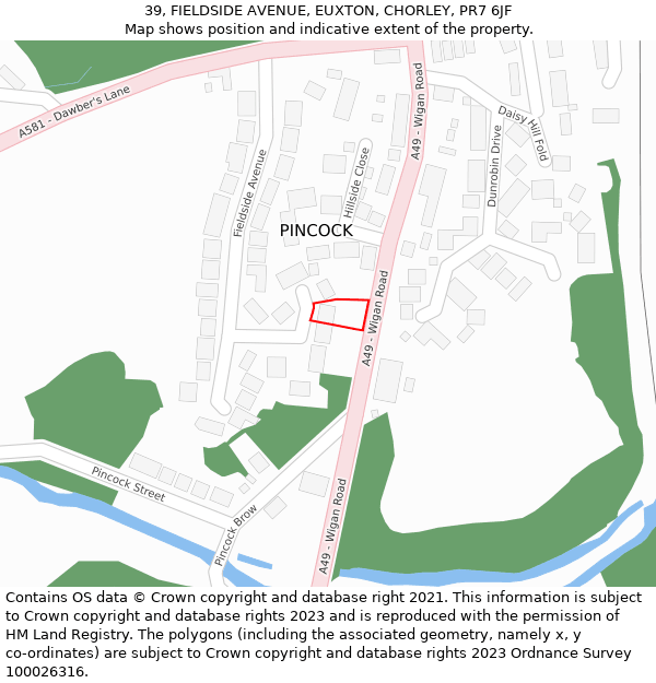 39, FIELDSIDE AVENUE, EUXTON, CHORLEY, PR7 6JF: Location map and indicative extent of plot