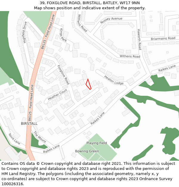 39, FOXGLOVE ROAD, BIRSTALL, BATLEY, WF17 9NN: Location map and indicative extent of plot