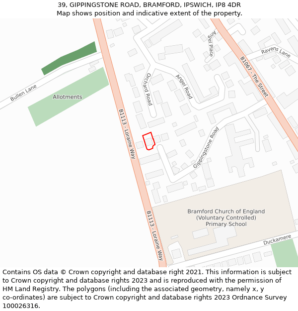 39, GIPPINGSTONE ROAD, BRAMFORD, IPSWICH, IP8 4DR: Location map and indicative extent of plot