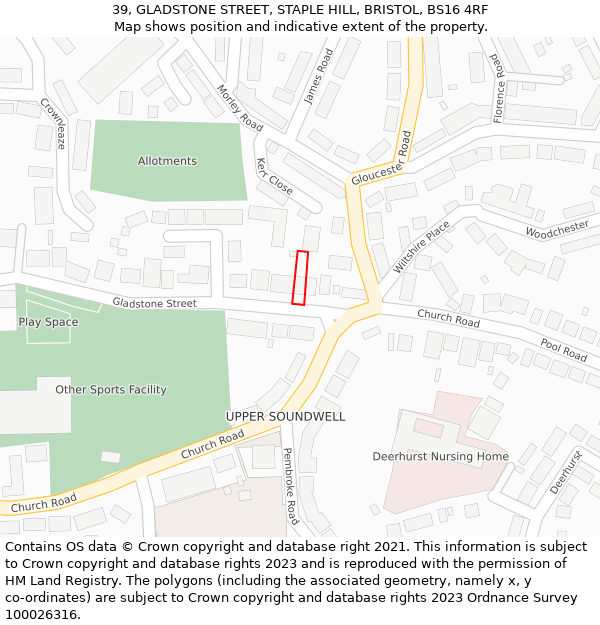 39, GLADSTONE STREET, STAPLE HILL, BRISTOL, BS16 4RF: Location map and indicative extent of plot