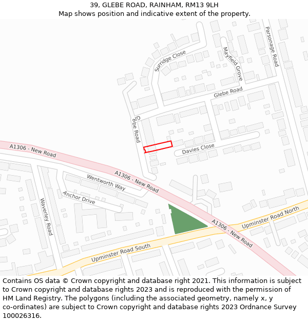 39, GLEBE ROAD, RAINHAM, RM13 9LH: Location map and indicative extent of plot