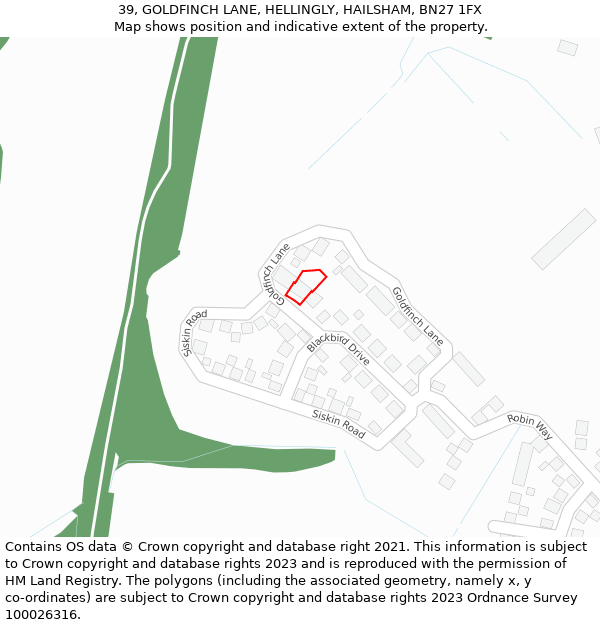 39, GOLDFINCH LANE, HELLINGLY, HAILSHAM, BN27 1FX: Location map and indicative extent of plot