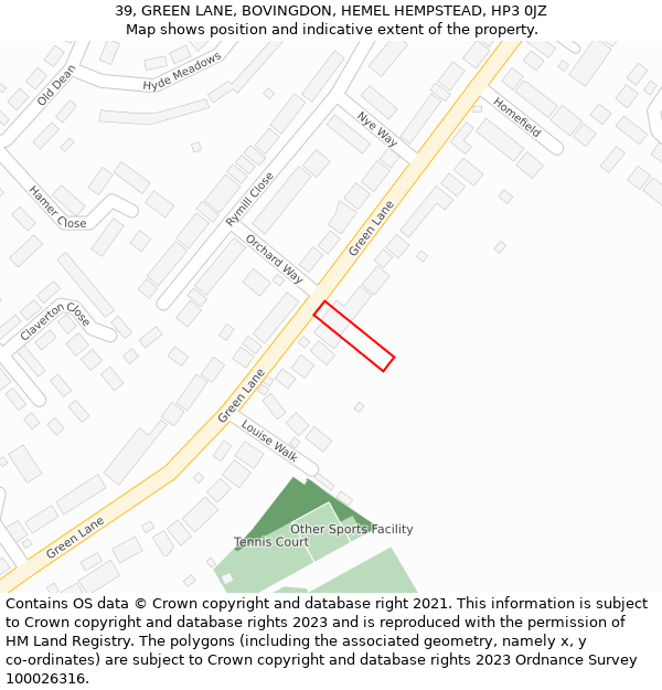 39, GREEN LANE, BOVINGDON, HEMEL HEMPSTEAD, HP3 0JZ: Location map and indicative extent of plot