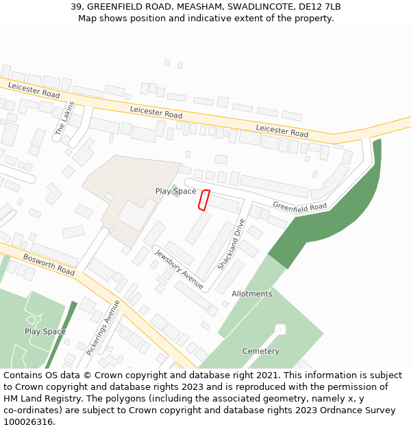 39, GREENFIELD ROAD, MEASHAM, SWADLINCOTE, DE12 7LB: Location map and indicative extent of plot