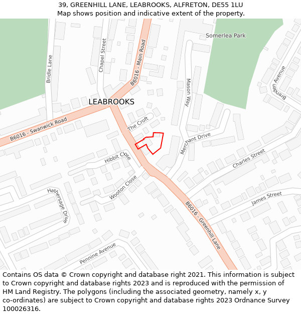 39, GREENHILL LANE, LEABROOKS, ALFRETON, DE55 1LU: Location map and indicative extent of plot